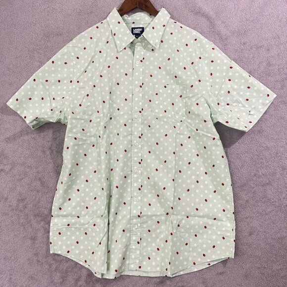 NWOT Lands' End Men's XL Mint Green Polka Dot & Ladybug Short Sleeve Button-Up - Picture 2 of 11